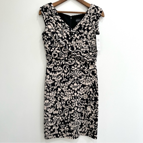 Adrianna Papell Sleeveless Black Beige Shutter Pleat Bodycon Cocktail Dress 12 - Picture 1 of 8